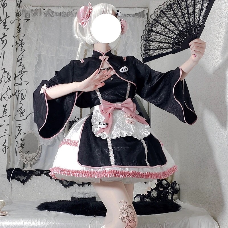 中華ロリータ チャイナ風ミニワンピースセット コスプレ ロリータワンピース コスム メイド服 jsk 文化祭 ボウタイ ゴスロリ