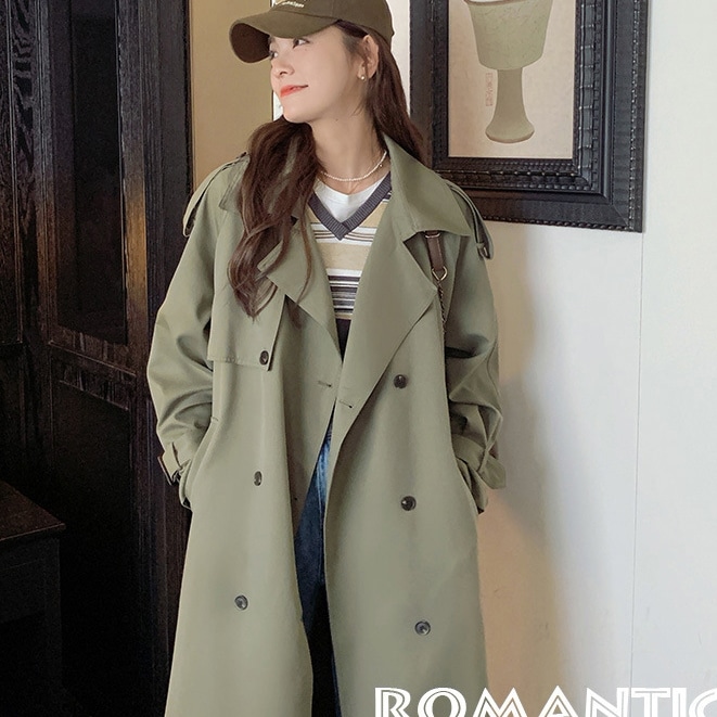 ロングトレンチコート　ダブル　スプリングコート　Aライン　テーパードカラー　レディース　アウター　コート　ジャケット　春　秋　大きいサイズ