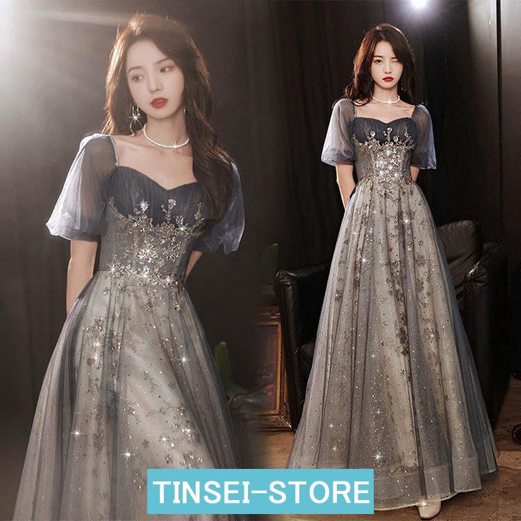 発表会ドレス パフスリーブ 二次会ドレス キレイめ パーティードレス キラキラドレス ロング ロングドレス イブニングドレス スパンコール 結婚式ドレス