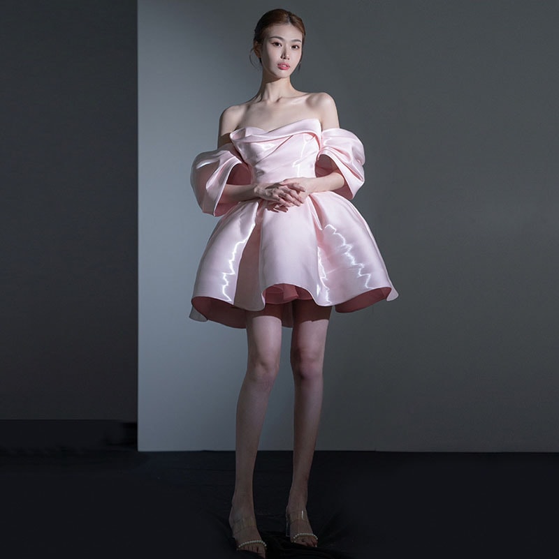 【高級宴会ドレス】ピンク オフショルダー ショート丈 イブニングドレス フレンチスタイル ラグジュアリー 誕生日 成人式 プリンセスドレス エンゲージメントドレス パーティードレス ワンピース