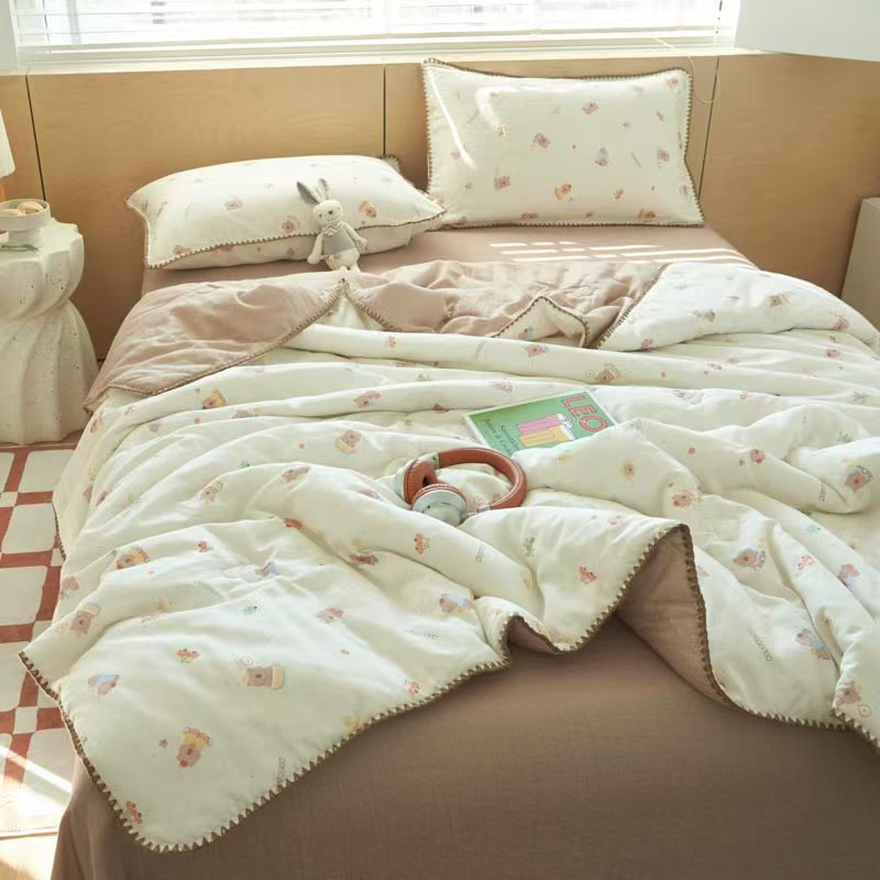 クラスaピュアコットンダブルレイヤーヤーン大豆繊維夏のキルト4ピースセットコットンサマークールキルトエアコン洗浄可能