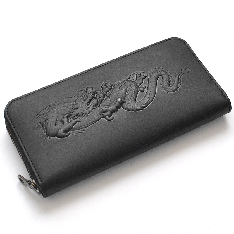 【新規OPEN】【期間限定セール】【激安】【新品未使用】ヌメ革　シャンタン生地　覚醒龍浮き出し加工　日本製　ラウンドロングウォレット　KR-103　ブラック