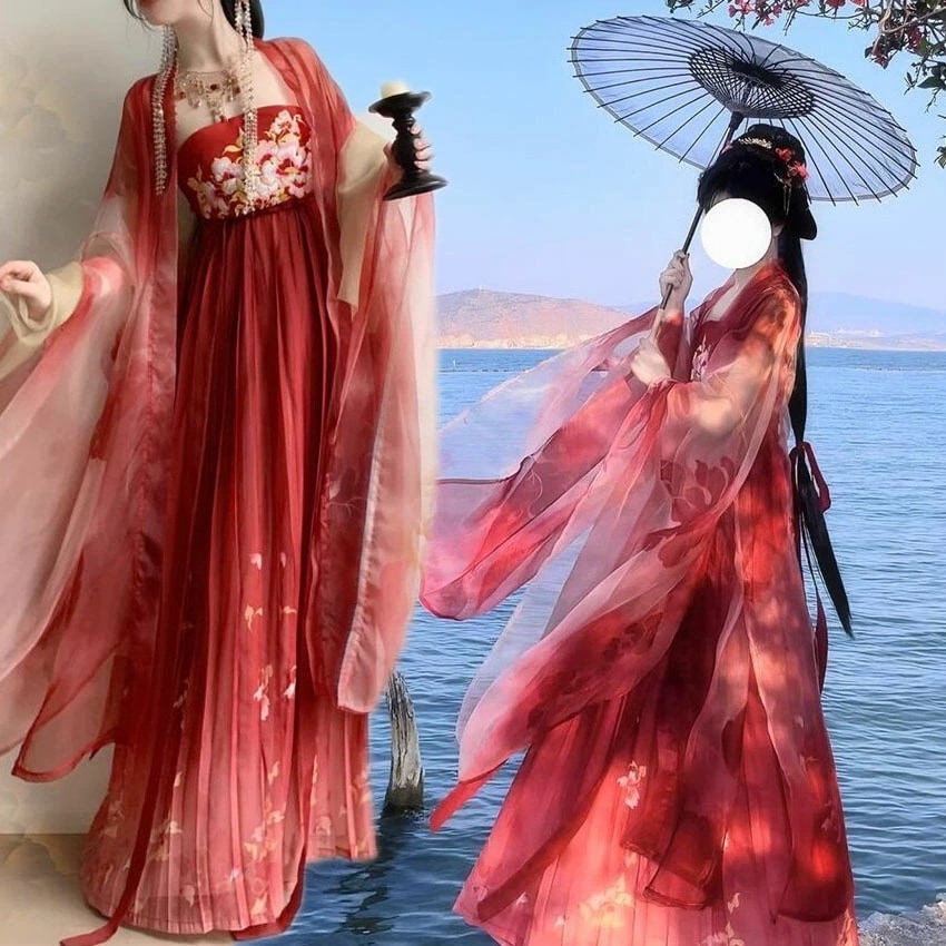 唐装漢服 羽織+ドレス+ショール3点セットアップ　花刺繍 中華服舞台服装　仙女古典美人服　レディース華流ステージコスプレ衣装　中国古代宮廷風コスプレ衣装/学園祭パーティーダンス衣装/チャイナドレス/写