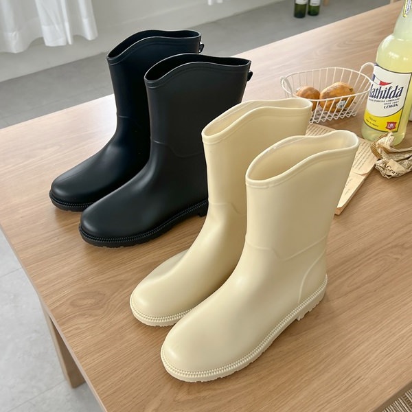 レインブーツ ミドルブーツ 合成ゴム フラット レディース ぺたんこ ペタンコ 黒 ブラック アイボリー 歩きやすい カジュアル シンプル 雨具 靴 婦人靴 韓国
