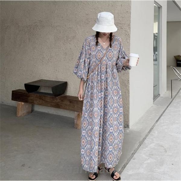 ロングワンピース 夏 レディース きれいめ ぽわん袖 ゆったり系 半袖 接触冷感 ワンピース 着やせ ロング丈 花柄半袖ワンピース カジュアル 着痩せ