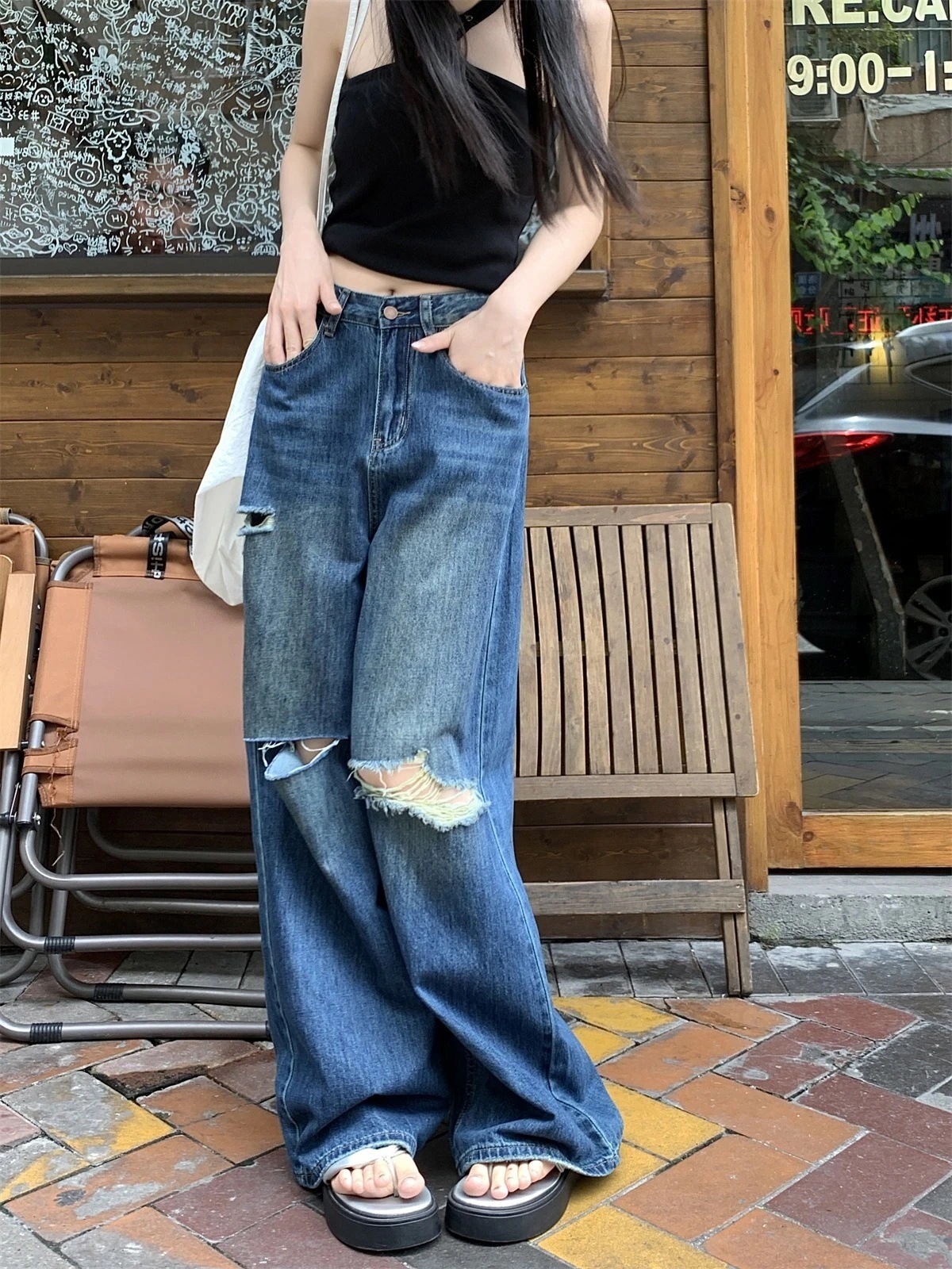 デニムパンツ ボトムス ハイウエスト ジーンズ K-PP ストリートファッション系モップ韓国風ファッション練習ジーンズ シルエットゆったりレッグレディースカジュアルジーパン衣装