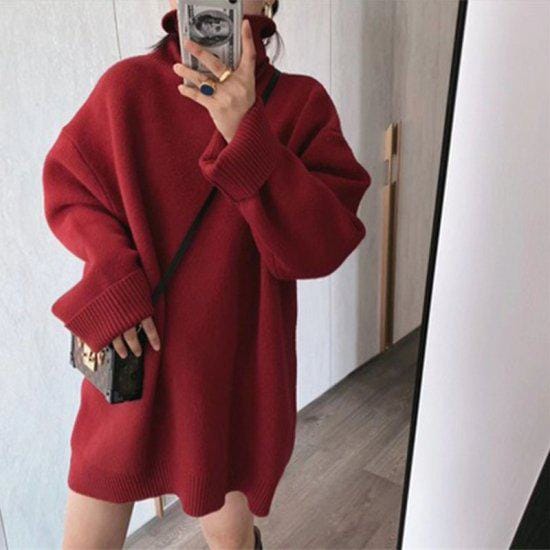 ニット レディース タートルネック トップス 長袖 ロングニット ニットワンピース ニットワンピ ミニワンピ ハイネック 秋 秋冬 新作 大きめ 無地 カジュアル オーバーサイズ