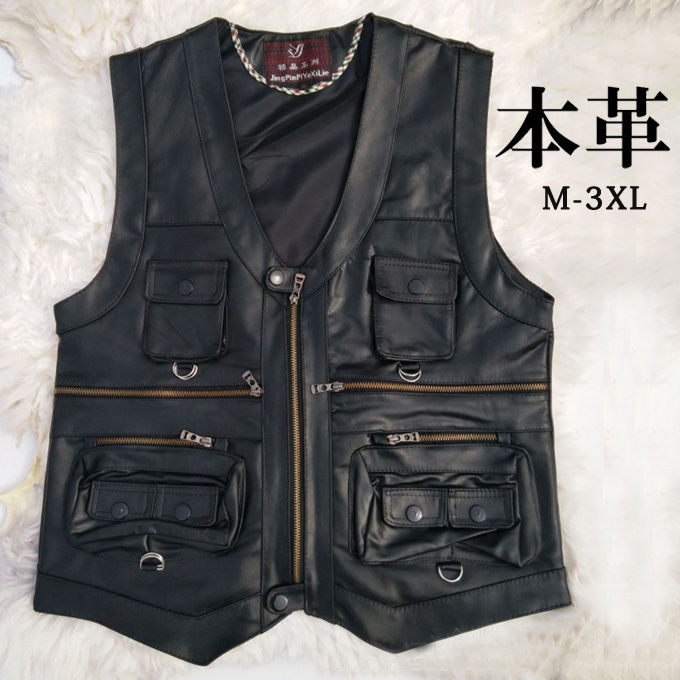 レザーベスト 本革 羊革 ベスト メンズ ミリタリーベスト ジレベスト 前開き チョッキ 皮ベスト レザージャケット 革ジャン 皮ジャン 高級 通勤 登山 釣り アウトドア カジュアル 多ポケット