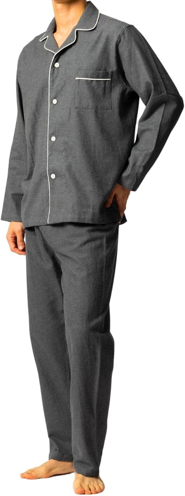 パジャマ メンズ長袖 コットンフランネル 前開き 寝巻き パジャマセット 上下セット メンズパジャマ パジャマメンズ おしゃれ かっこいい シンプル 無地( ダークグレー, M)
