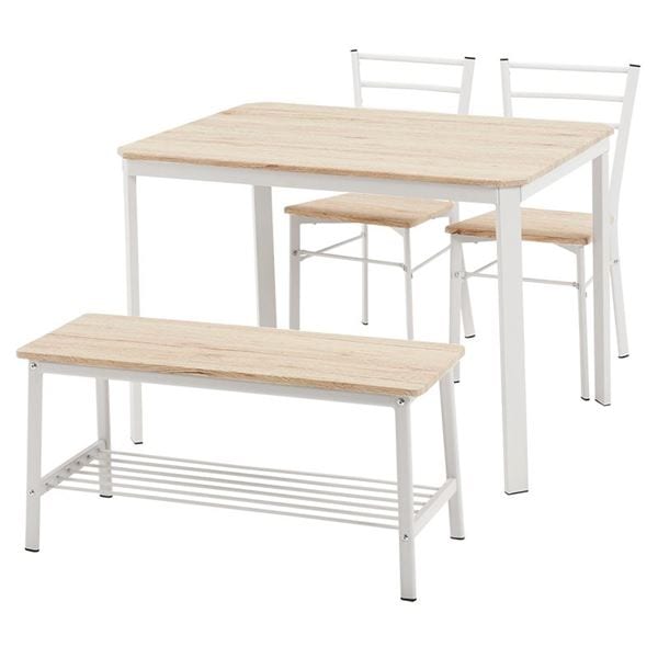 ダイニングテーブル セット (ホワイト 4点セット) 机幅約100cm チェア×2脚 ベンチ×1 スチールパイプ 組立式 (リビング)