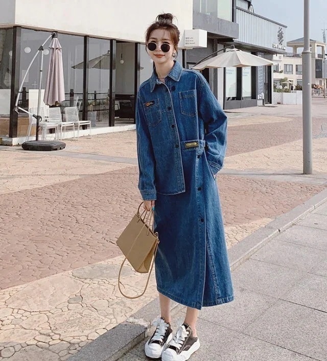 デニムコートレディースアウター春春冬ロングデニムシャツワンピース長袖シンプルカジュアルステンカラーコートアシンメトリーワンピース大きいサイズ春春冬春大人可愛い個性的韓国ファッション