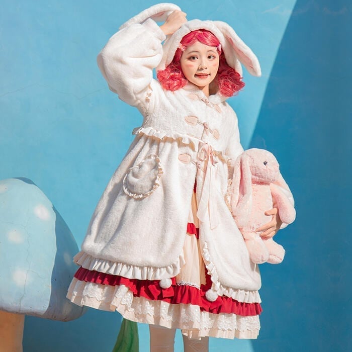 ロリータ コート レディース 冬 ロリィタ 起毛 暖か モコモコ フード 兎耳 かわいい ゆるカワイイ 甘ロリ Lolita萌え系 アウター 厚手 モフモフ ふわふわ リボン フリル うさぎの耳　コ防