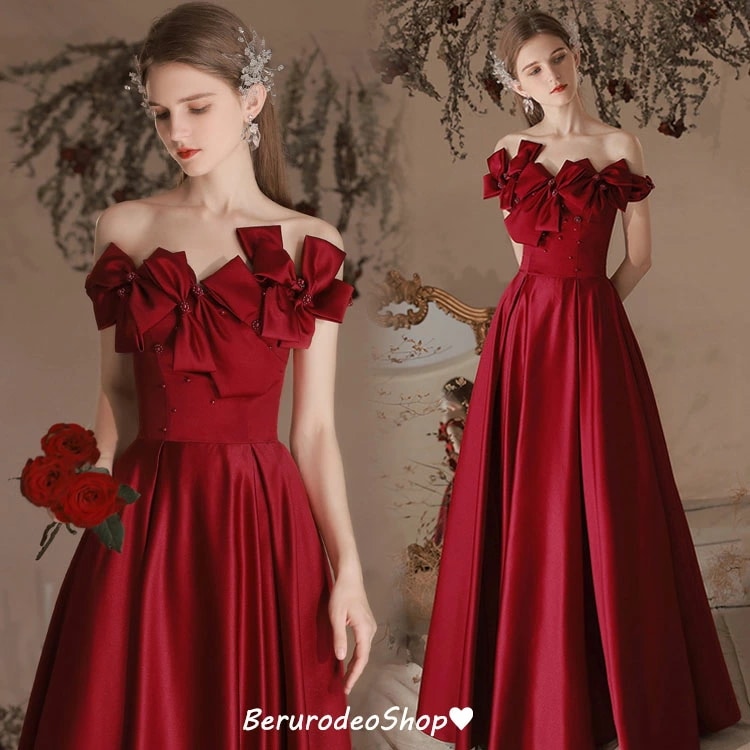 新品 イブニングドレス ワイン赤 オフショルダー サテン ドレス 結婚式ドレス 二次会ドレス ゲストドレス リボンオシャレ 発表会ドレス 演奏会ドレス ロングドレス ワインレッド パーティードレス A 5,549円