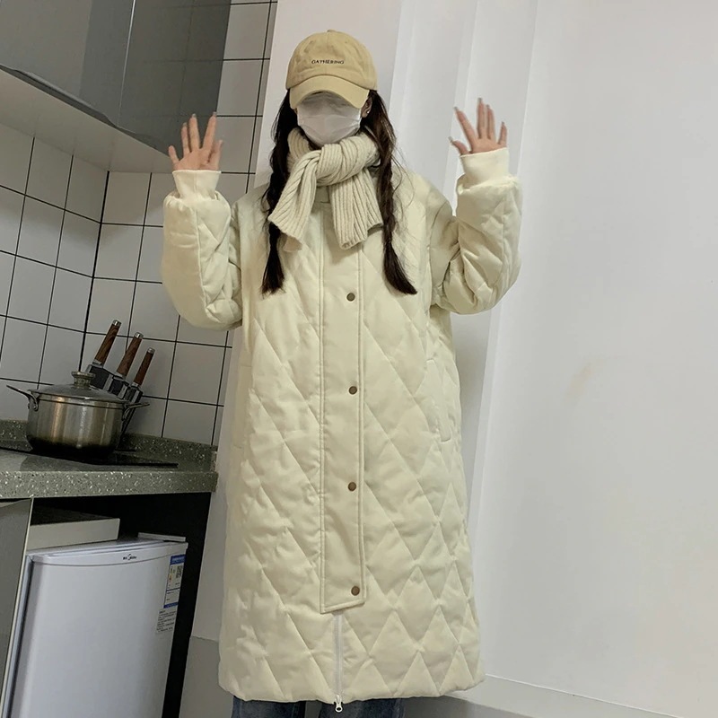 菱格綿服女性ゆるい中長タイプ立襟2024新型薄手冬韓版小柄カジュアルコート