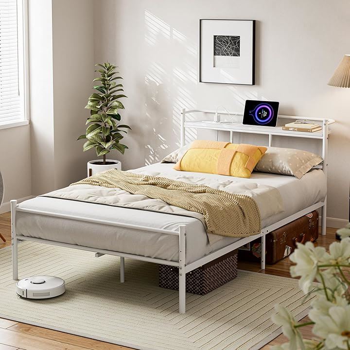 ベッドフレーム パイプベッド 2口コンセント＆USB充電付き セミダブルベッド スチールベッド 収納付きベッド 宮棚付き すのこベッド 2段階 高さ調整 頑丈(ホワイト, セミダブル) 17,612円