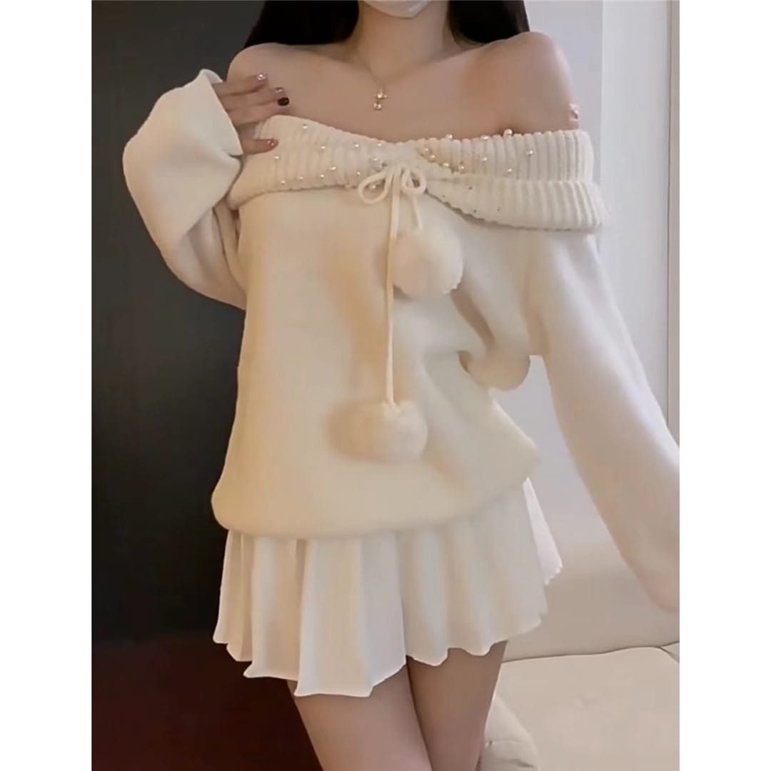 ハイエンドのカスタマイズ-日本のレトロな甘い女の子のデザインのビーズのワンショルダー セーター スカート秋怠惰なソフトワックスのようなスーツ