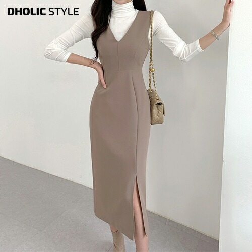 [メガ割りSALE]サイドスリットVネックノースリワンピース・p448536