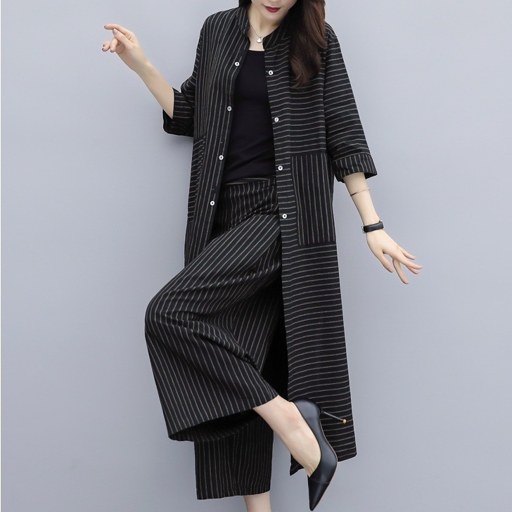 2点セット セットアップ 上下セット トップス パンツ シャツ ロング丈 7分袖 前開き ボタン サイドスリット クロップドパンツ アンクルパンツ ポケット かわいい 大人可愛い きれいめ シンプル