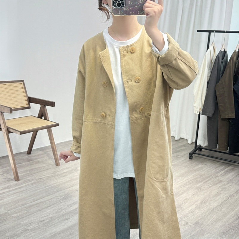 和雑貨スタイルレトロラウンドネック綿ミッドレングスウインドブレーカー女性のための 2025 初秋の新しいルーズでスリムなカジュアルジャケット