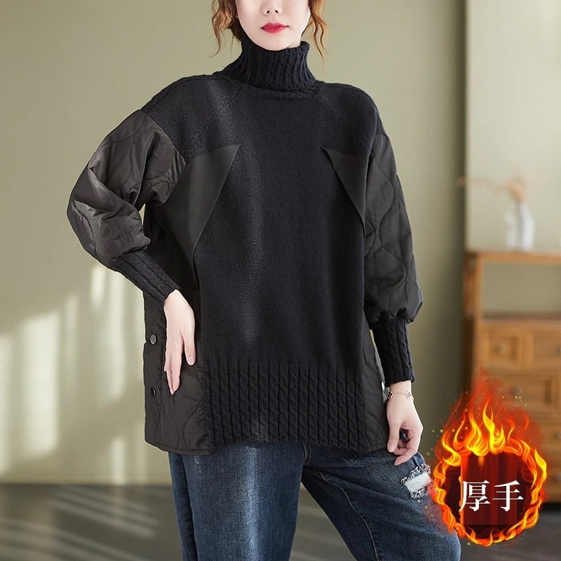 ニット今年も人気！タートルネックセーター韓国大きいサイズ ゆとり厚手切り替え保温ニット上着ゆとり30%制限