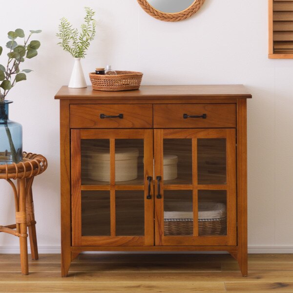 キャビネット 両開き 引出し付 天然木 エスニック調 Timber 幅80cm