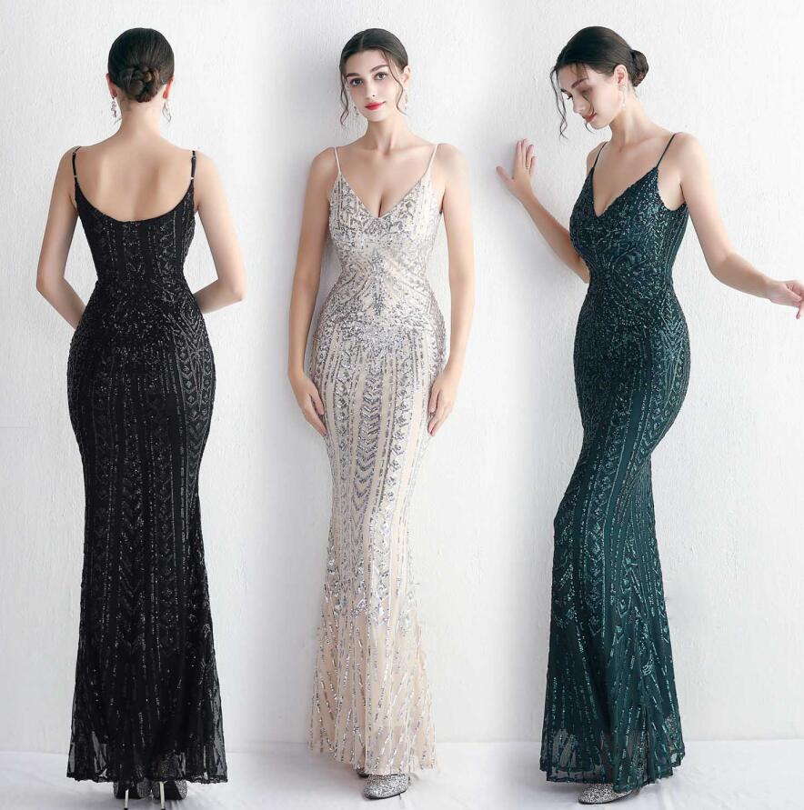 全10色 Vネック パーティードレス イブニングドレス マーメイドドレス ワンピース タイトワンピース キラキラドレス スパンコール ヒップラップ キャミソール ナイトドレス 着痩せ お呼ばれ 結婚式