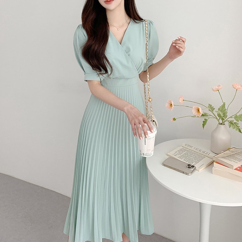 レディース 全3色 カシュクール パフスリーブ プリーツ ワンピース ドレス ハイウエスト お呼ばれ パーティー フォーマル 結婚式 大人可愛い ママコーデ 韓国系 オルチャン 人気