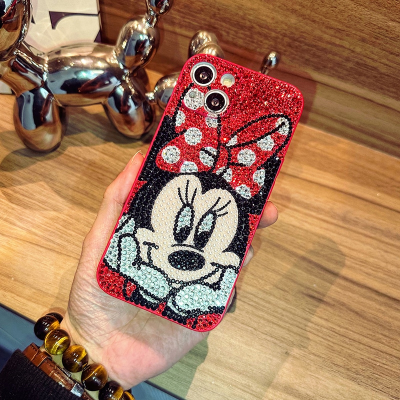 手作り iPhoneケース ミニーマウス キラキラの赤ラインストーン iPhone16/15/14/13/12/11ケース Plus Pro Max デコ電ケース