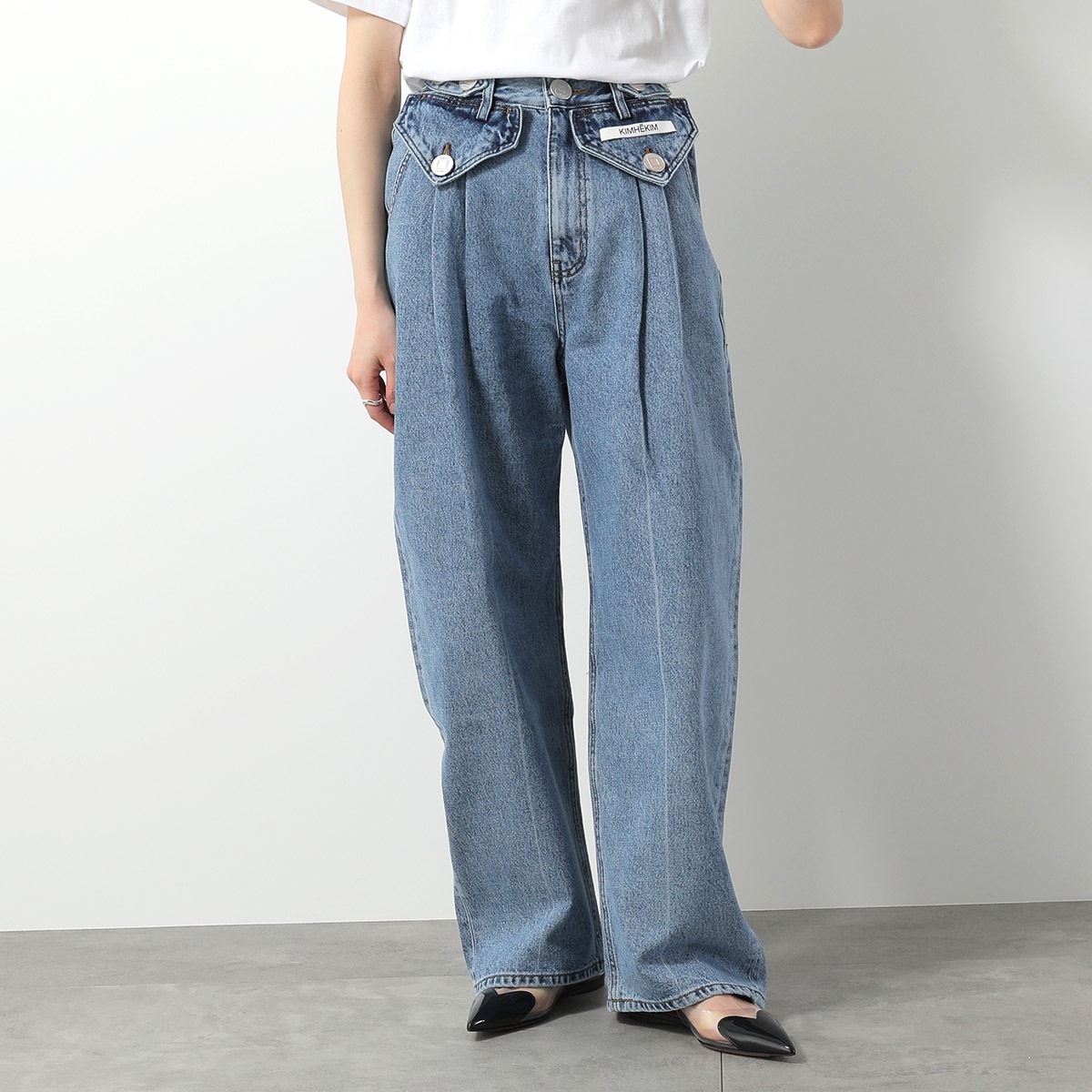 KIMHEKIM キムヘキム ジーンズ KHK-JN071 レディース デニムパンツ コットン ワイド ウォッシュ加工 ジーパン Gパン SB/SKY-BLUE