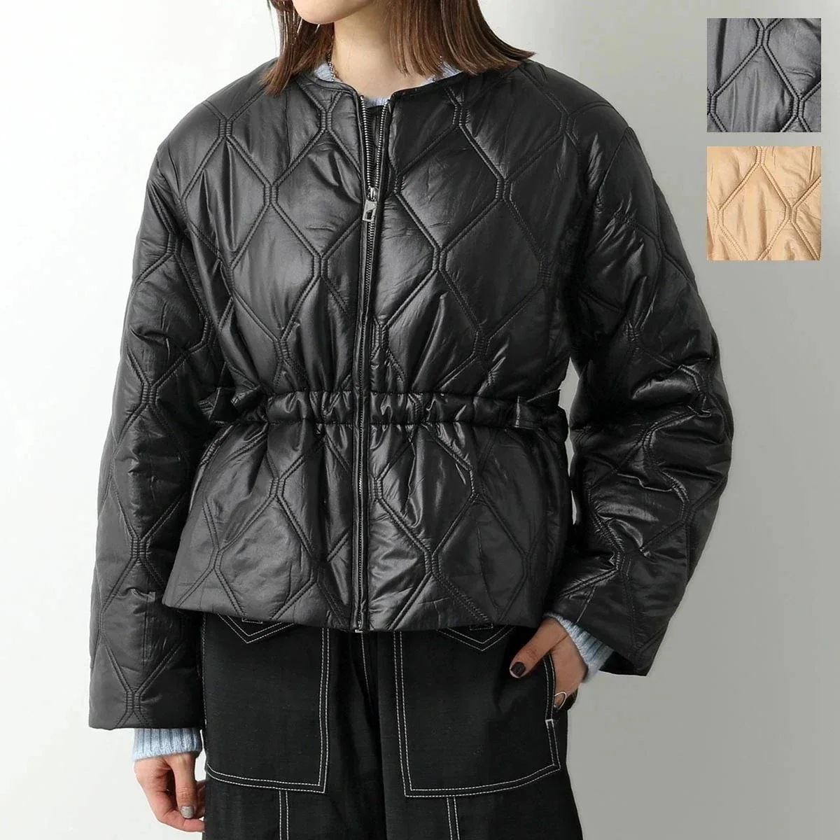 GANNI ガニー キルティングジャケット Shiny Quilt Jacket F8063 F8208 6632 レディース ショート丈 ブルゾン ノーカラー