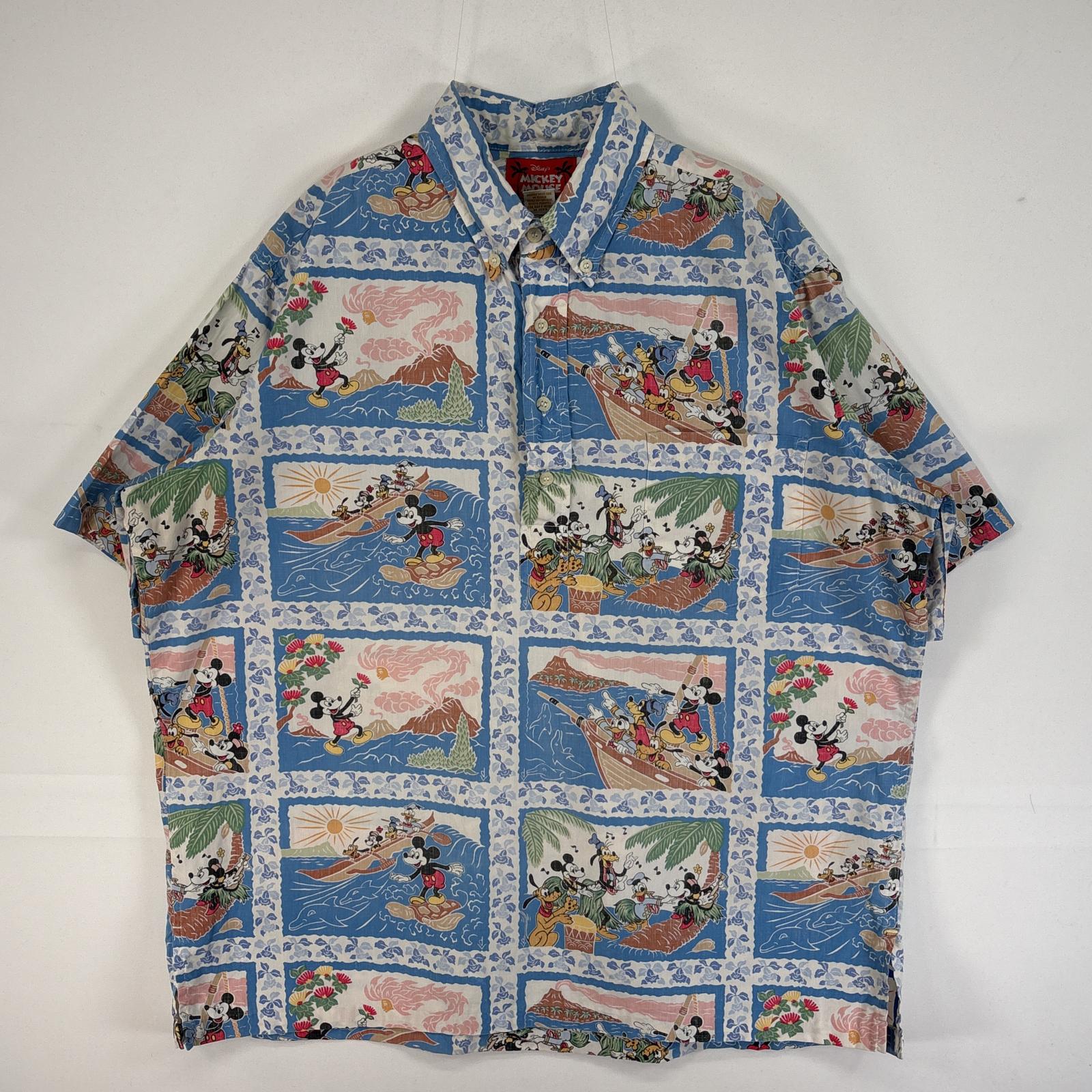 古着 90s/90年代 半袖シャツ ディズニー ダブルネーム グランパ インサイドアウト アロハ ハワイ製 L ブルー系 総柄 メンズ