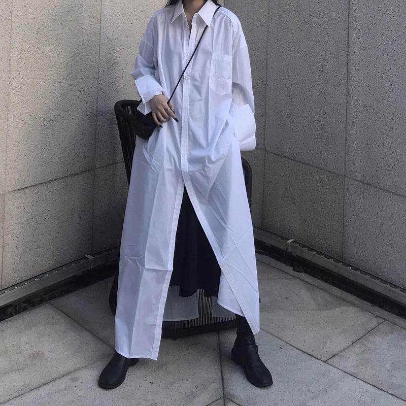 新しいレディースドレス春と秋のレディース長袖ロングスカート無地シンプルで用途の広いモッピングシャツスカート日本の冷風ドレスファッショントレンドルーズラージサイズレディーススカート