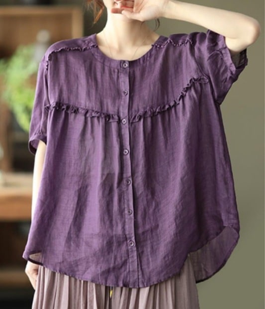 トップス モテアイテム 可愛い サイズ豊富 大きいサイズ シャツ ブラウス 半袖 ラウンドネック 襟なし Aライン ボタン フリル 透け感 通気性 ギャザー ギャザー使い 薄手 かわいい