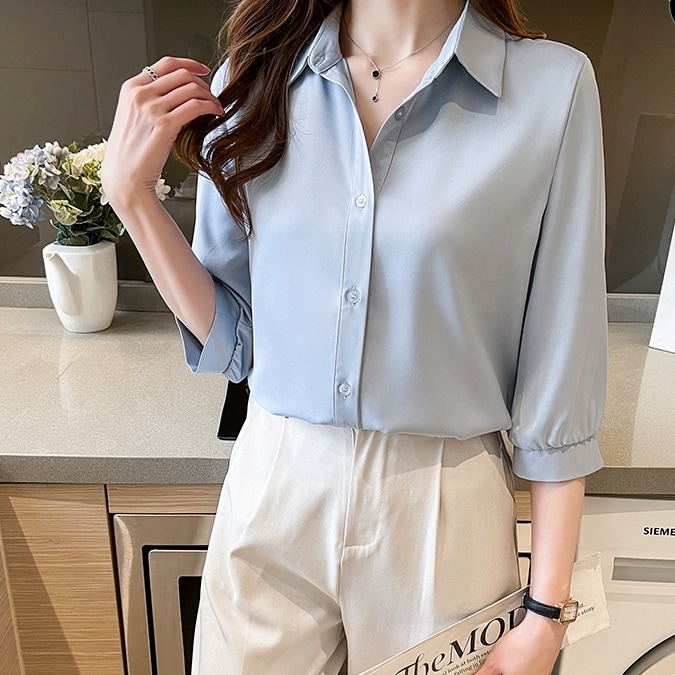 トップス シャツ サテンシャツ ミディアム丈 袖あり 5分袖 襟付き ワイド 前開き 大人可愛い きれいめ シンプル カジュアル 大人 上品 お洒落 大人女子 こなれ感 ラフ ガーリー エレガント