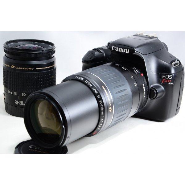 【中古】キヤノン Canon EOS Kiss X50 標準&望遠ダブルレンズセット ブラック 美品 SDカード ストラップ付き