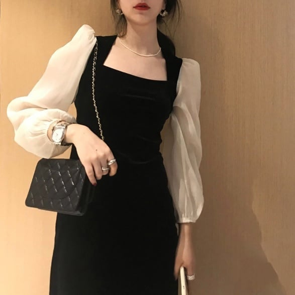 レディース ワンピース ベルベットワンピース ベルベット シフォンスリーブ切り替えワンピース
