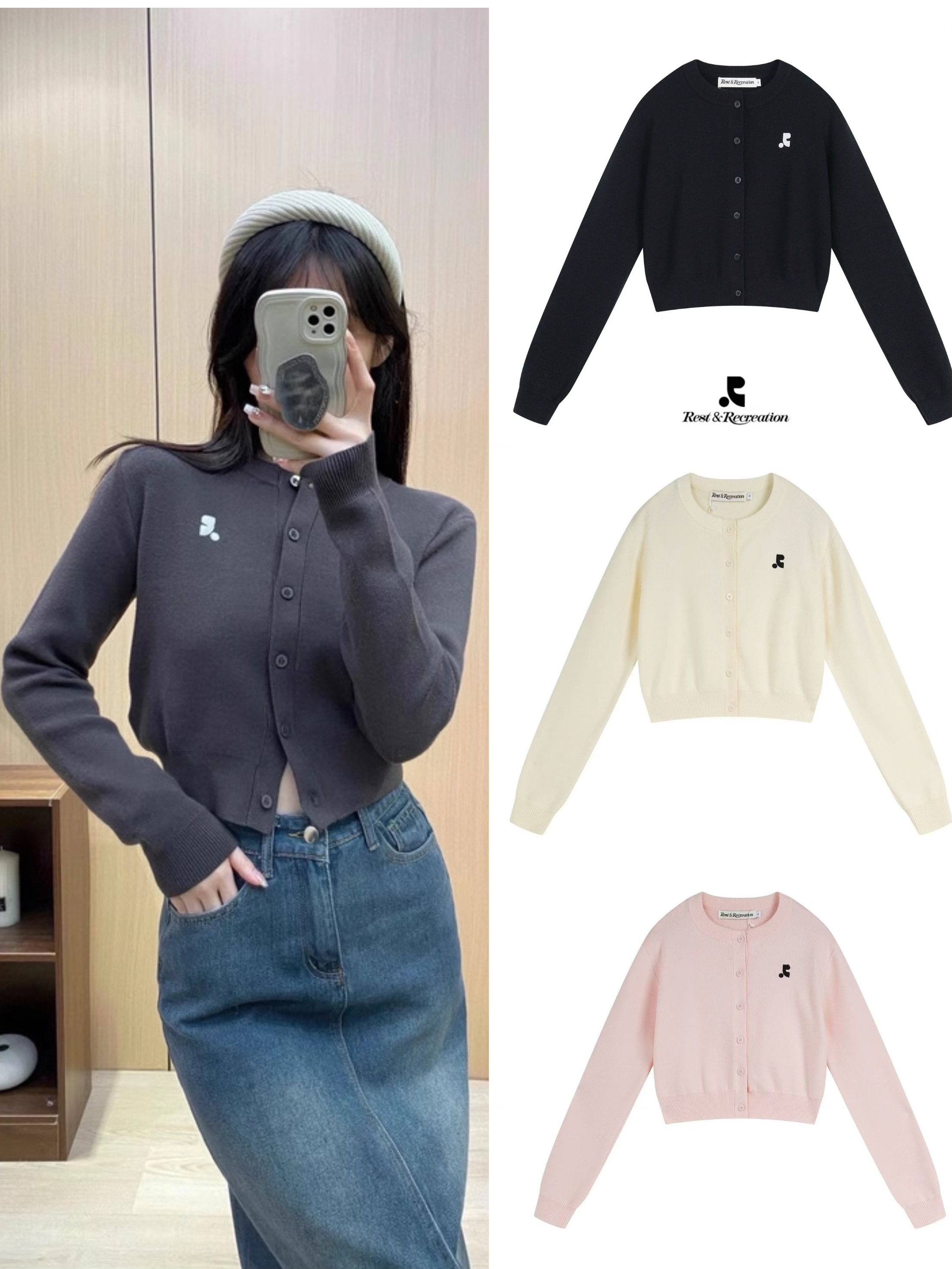韓国 Rest&Recreation ニットトップス 刺繍入りショート丈フィットカーディガン ４色選択可能