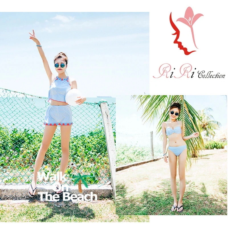 新作 4点セット ブルー ストライブ おしゃれ 水着 ビキニ オフショルダー ビスチェ バンドゥ フリル ワンピース タンキニ 大きいサイズ S-XL 海 旅行 新婚旅行 温泉 海外 リゾット セレブ