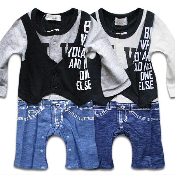 【即納】綿100％ 英字ベスト 重ね着風 デニム パンツ 長袖 カバーオール ロンパース 子供 服 ベビー服 男の子 女の子 赤ちゃん ベビー 子供服 インスタ 写真映え 可愛い 新生児 出産祝い ギ