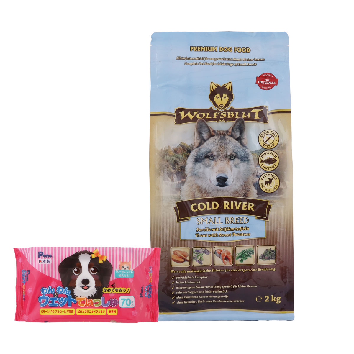 ウルフブラット スモールブリード コールドリバー（マスとスイートポテト）2kg【わんわんウエットてぃっしゅ1個付き】