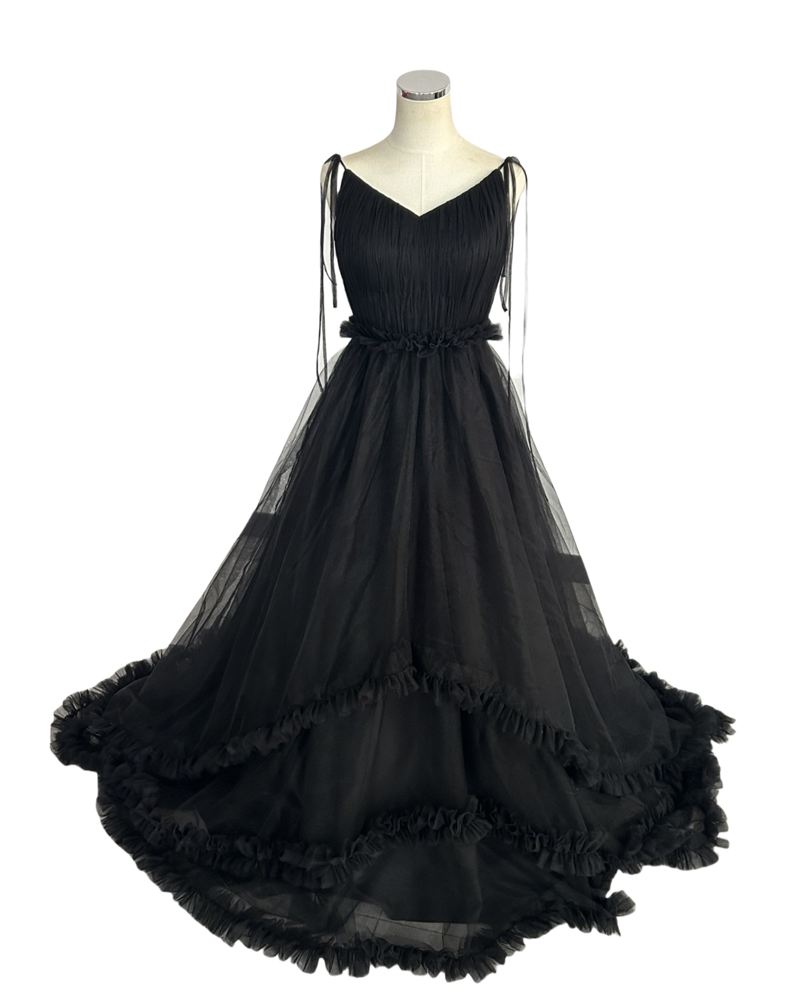 パーティードレス ブラック Vネック キャミソール ラッフルフリル 優雅なシルエット 可愛い 前撮り