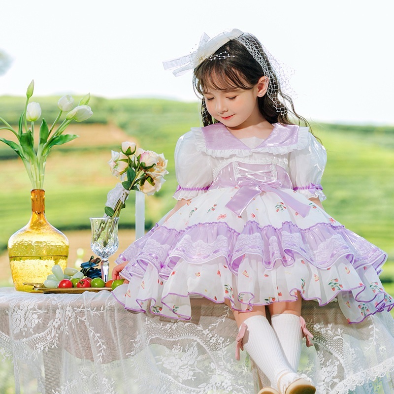 zhiya 2024夏子供服女の子ロリータロリータ花柄プリンセスドレス子供半袖パフスカート