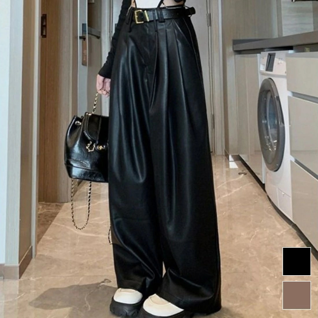 新作洗練されたアクセントで個性を引き立てるフェイクレザーワイドパンツ フルレングス ゆったりサイズ ベルト付き カジュアルコーデ デイリーユース お出かけ レザータッチ ラフ ストリート ダンス ワイ 4,933円
