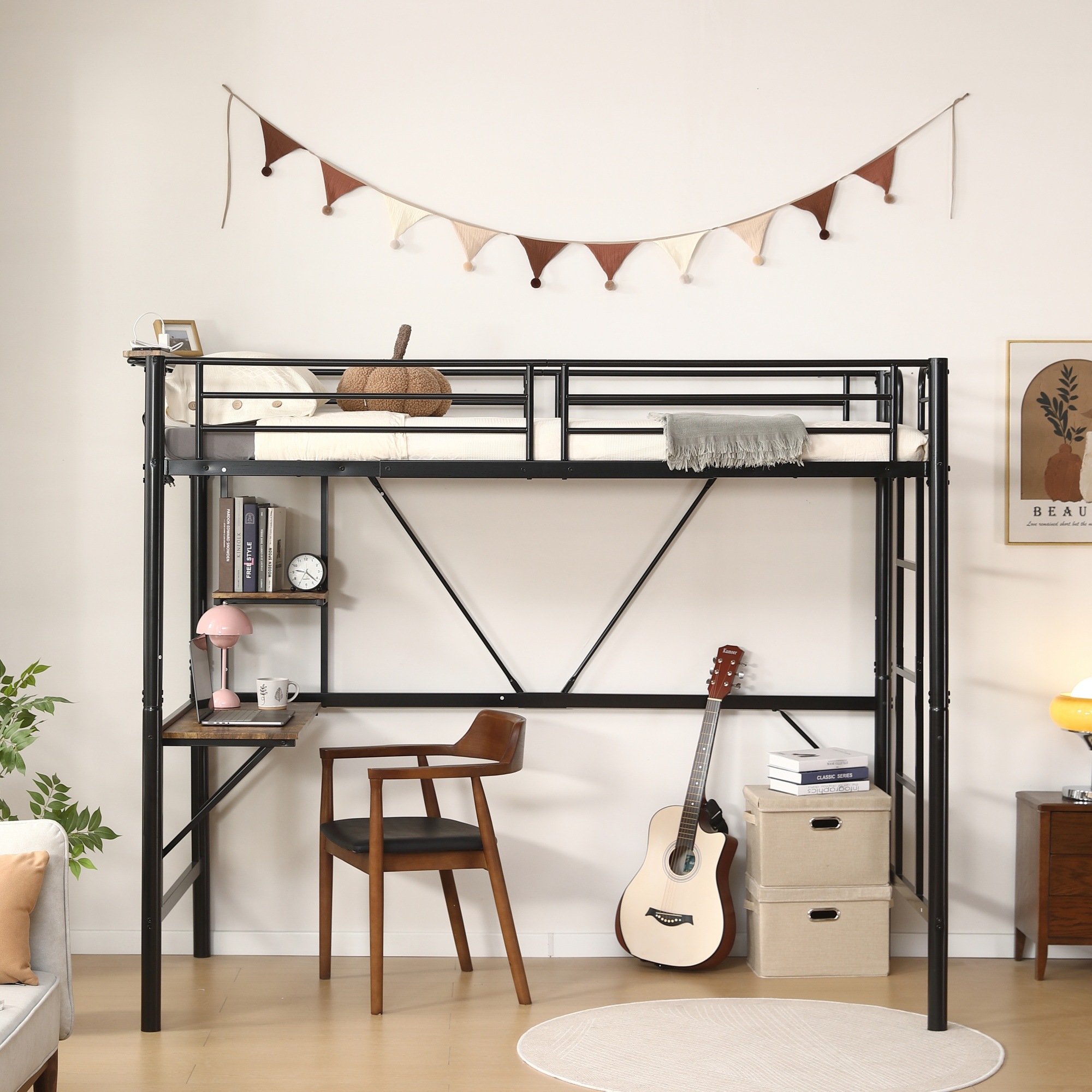 ロフトベッド シングル パイプベッド 収納棚 デスク付き 北欧風 収納 子供ベッド パイプ 金属 はしご 24,331円