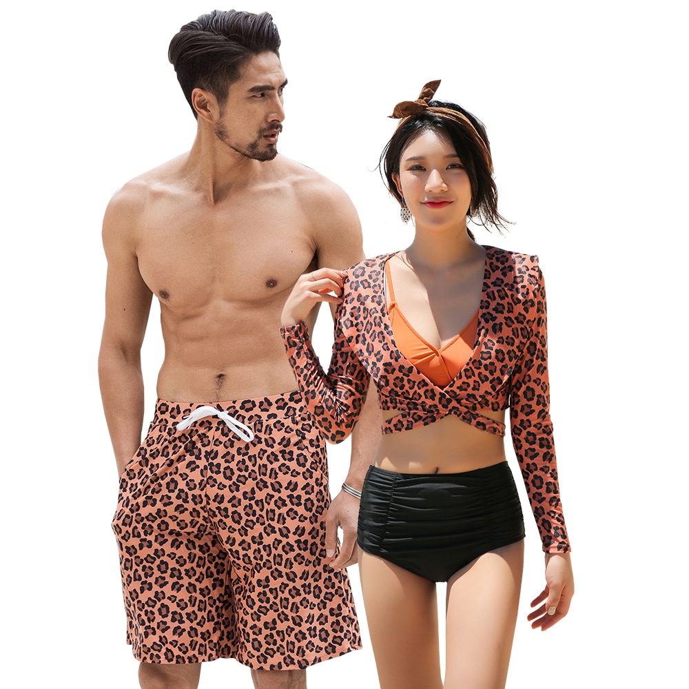 水着 カップル水着 レディース メンズ ペア水着 体型カバー ビーチパンツ お揃い 海 プール ペアルック 夫婦 恋人 彼氏 彼女 トランクス ビキニ 大きいサイズ ブラウン オレンジ ヒョウ柄 20