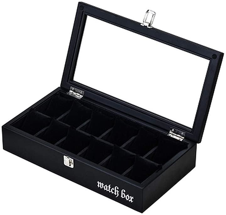 高級 木製 腕時計 収納 ボックス ケース スタンド 大容量 コレクション 透明ガラス ディスプレイ J141 ブラック文字有 12本用( ブラック文字有（12本用）)