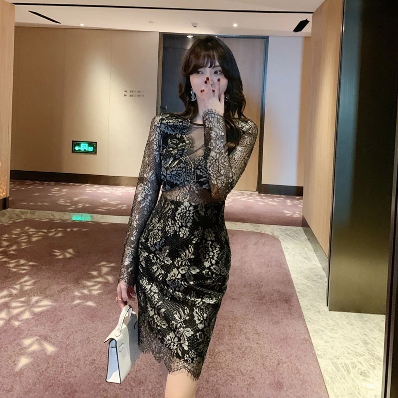 【JY.上品】 セクシー ドレス レース 秋冬 女性 フォーマル シアー 透明 チュール パーティードレス キャバ 同窓会 結婚式 披露宴 卒業式 演奏会 二次会 発表会