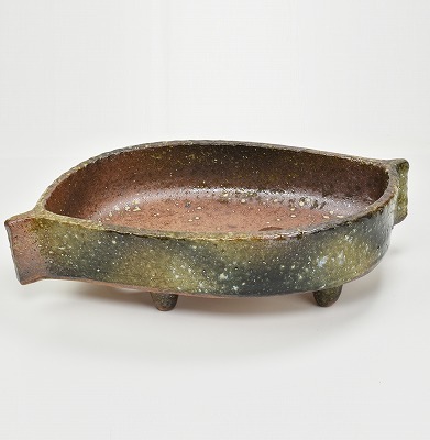 盆栽鉢 落ち葉　水盤 12号 青窯変葉型コンポート　穴有り 幅35.5cm高9.5cm奥行き19cm 陶器