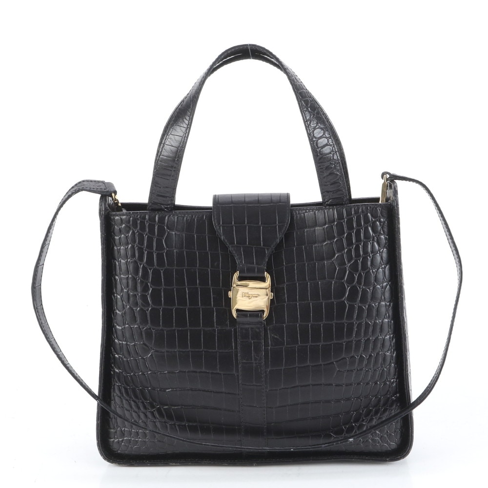 極美品 ヴァラ クロコダイル エンボス DY-21 0239 レザー 2WAY ショルダーバッグ 肩掛け トート ハンド レディース RUE CQ9-2 中古