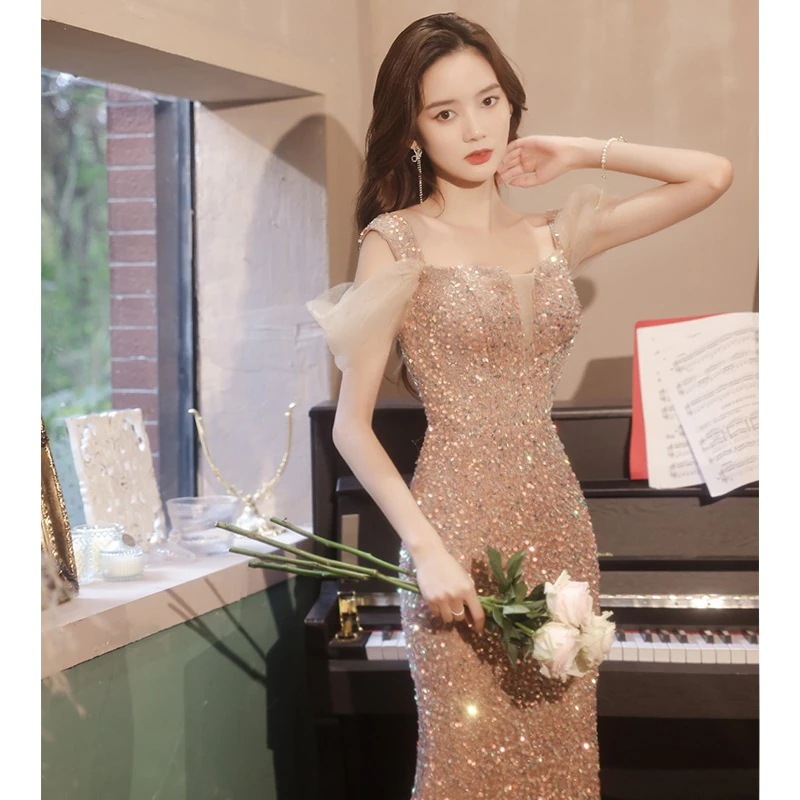 バンケットイブニングドレスフィッシュテールスカート2024夏スパンコールホストパフォーマンスドレススカート